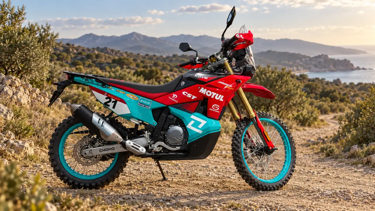 Montaje editorial de la Kove 350 Rally roja y turquesa en una pista de tierra