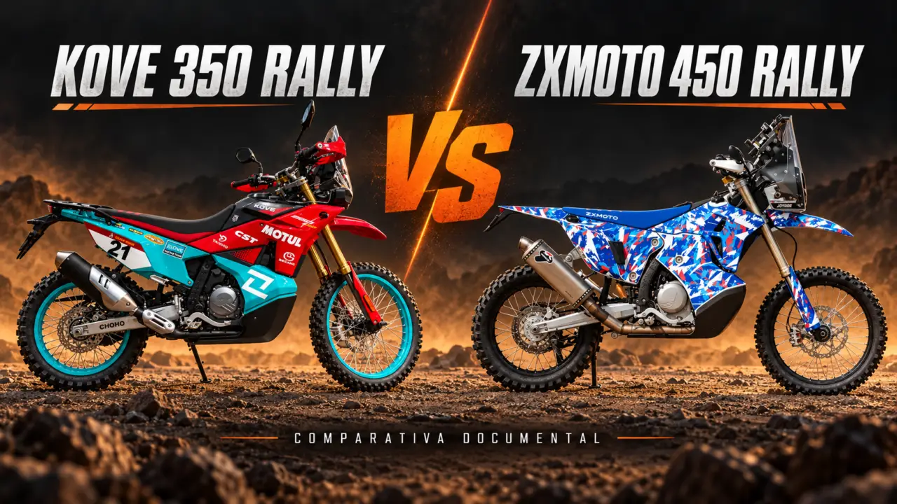 Montaje editorial Kove 350 Rally frente a ZXMOTO 450 Rally con VS central