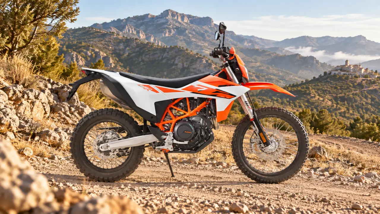 KTM 690 Enduro R 2026 en una pista de montaña, montaje editorial
