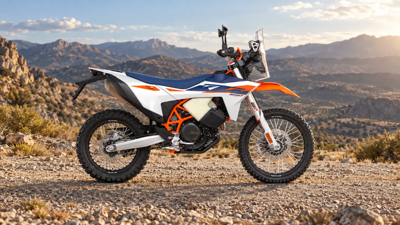 KTM 690 Rally 2027 en un paisaje de montaña, montaje editorial