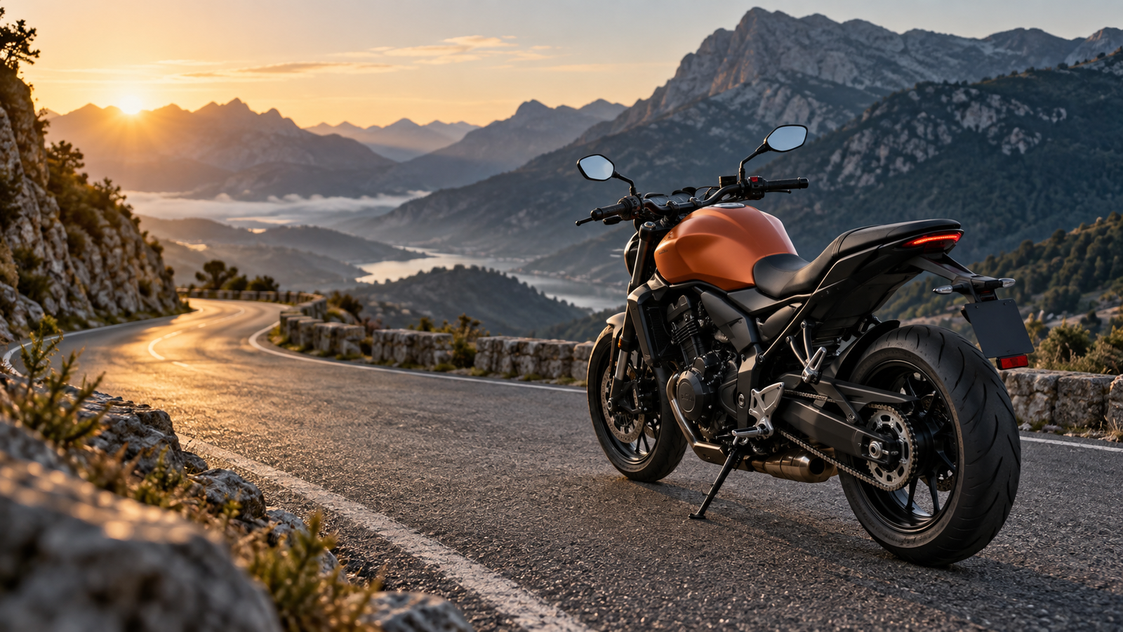 Ilustración de una moto ficticia en una carretera de montaña al amanecer